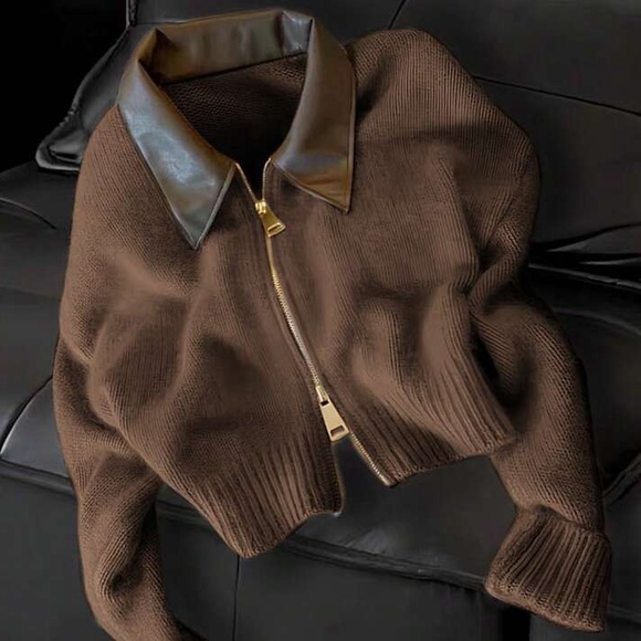 New Women's Brown Jacket with Leather Collar double zipper cardigan - Picture 2 of 4